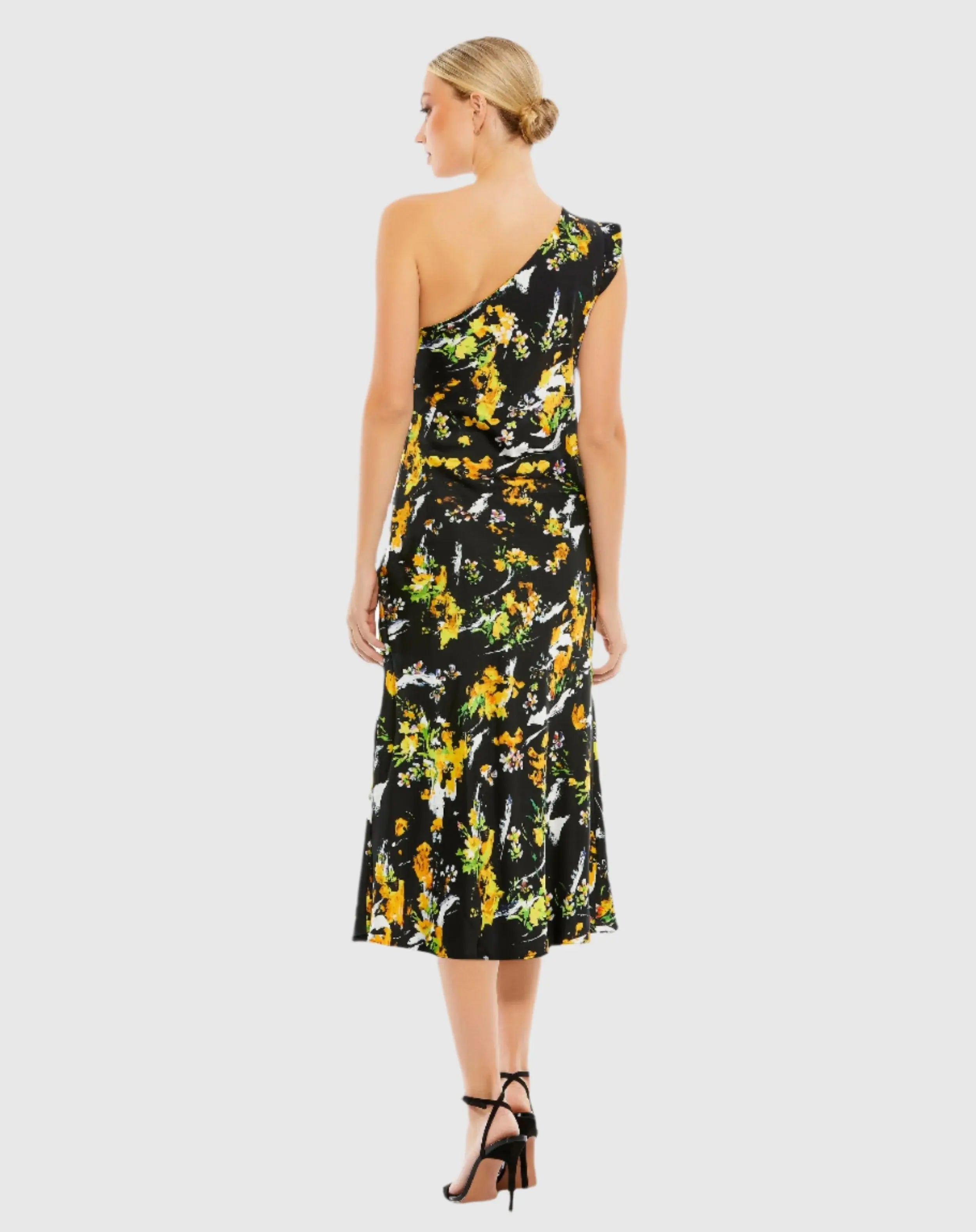 Black Floral Print Draped One Shoulder Midi Dress
