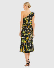 Black Floral Print Draped One Shoulder Midi Dress