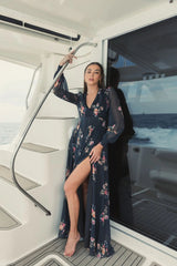 Black Belted Floral Print Illusion Long Sleeve Gown