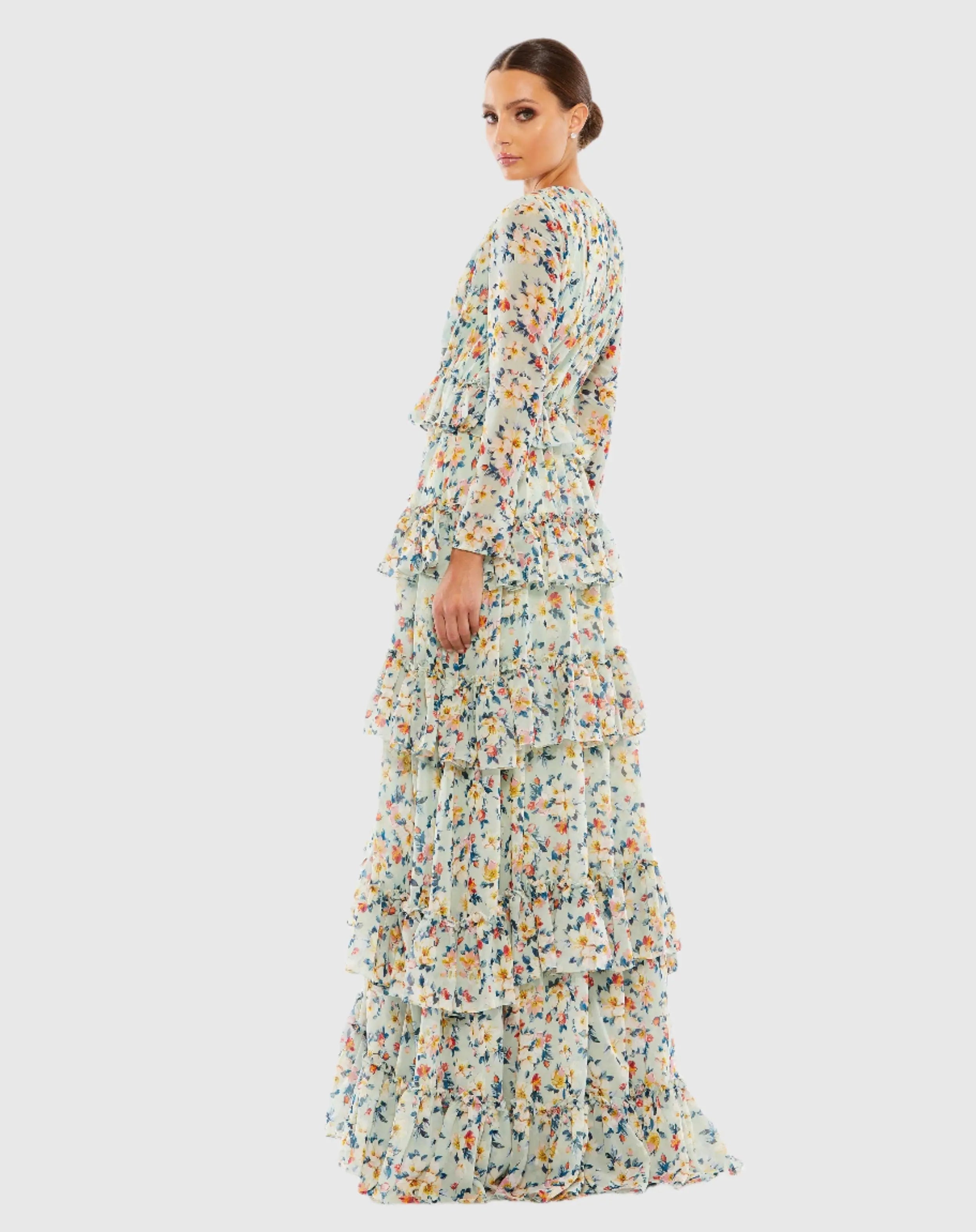 Green Floral Printed Tiered Ruffle Long Sleeve Gown
