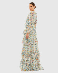 Green Floral Printed Tiered Ruffle Long Sleeve Gown