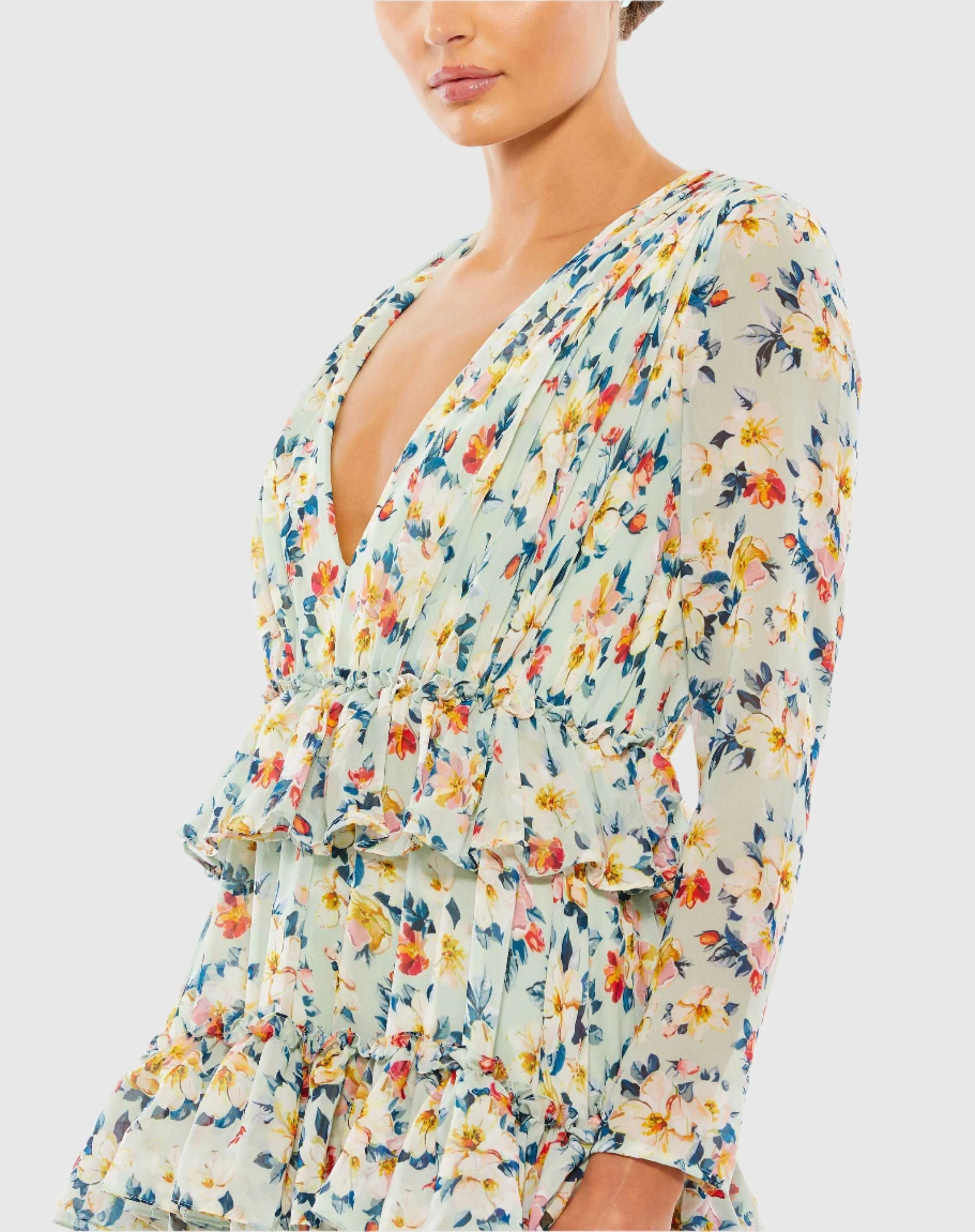 Green Floral Printed Tiered Ruffle Long Sleeve Gown