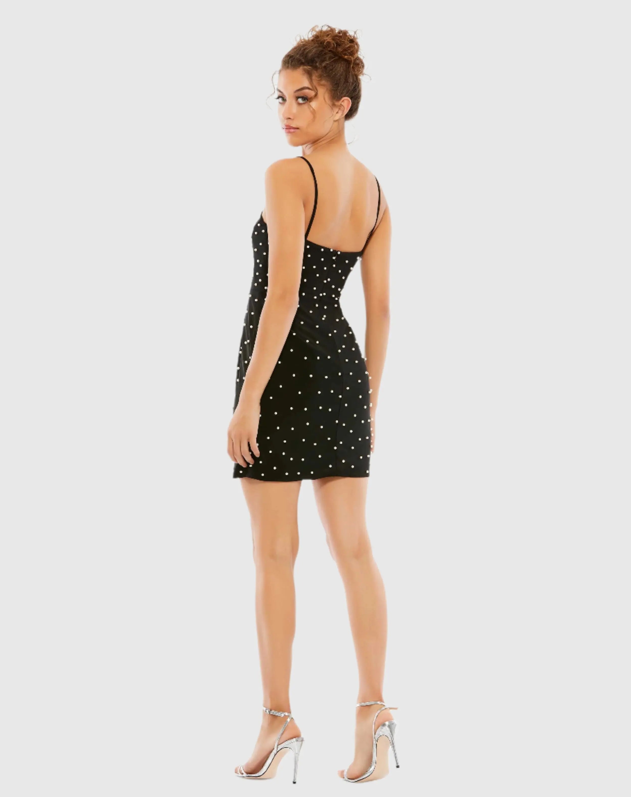 Black Sleeveless Pearl Encrusted Sweetheart Mini Dress
