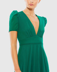 Green Plunge Neck Short Sleeve Gown