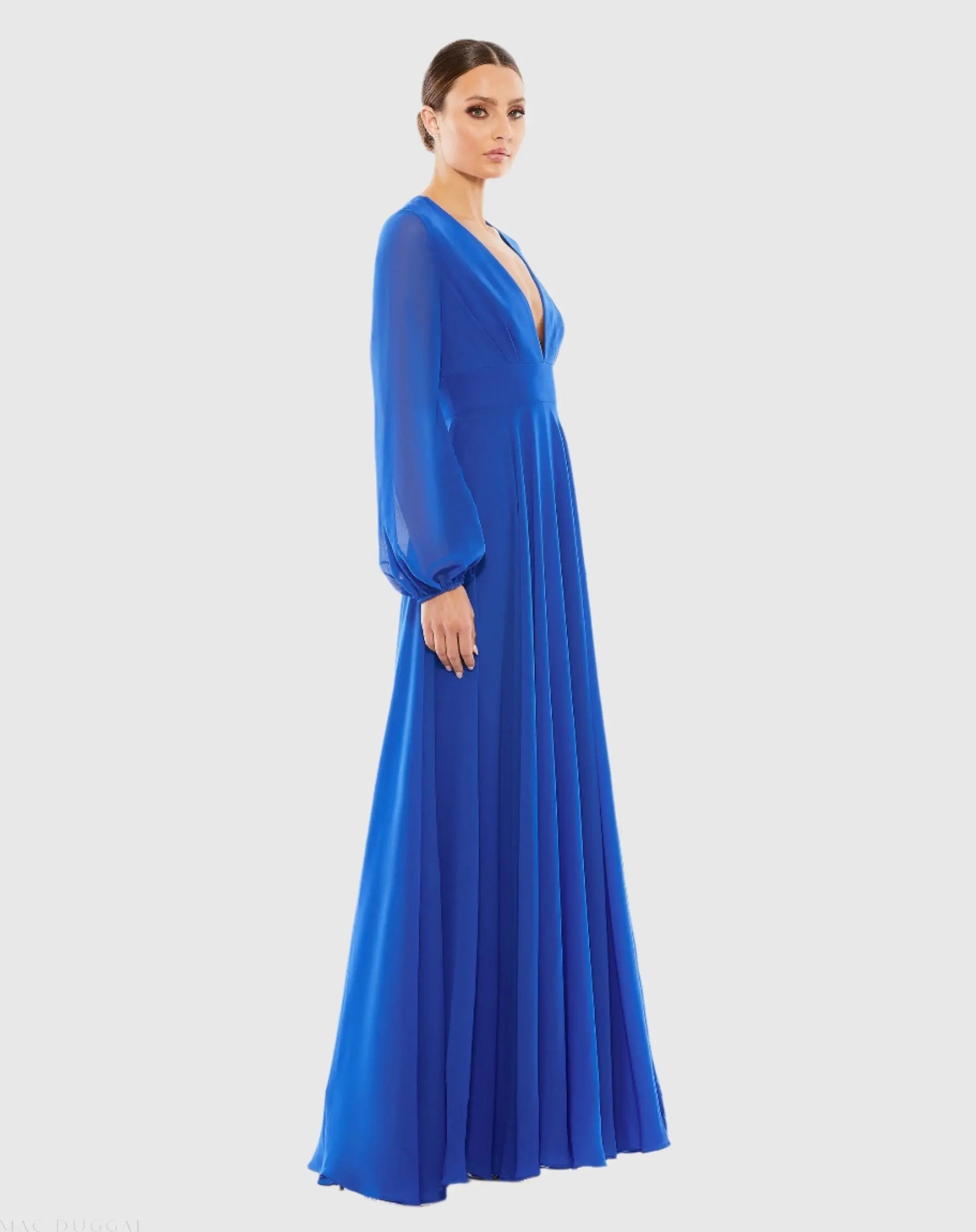 Blue V-Neck Illusion Long Sleeve Chiffon Gown