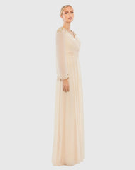 Beige Embellished Shoulder Blouson Sleeve Evening Gown