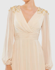 Beige Embellished Shoulder Blouson Sleeve Evening Gown