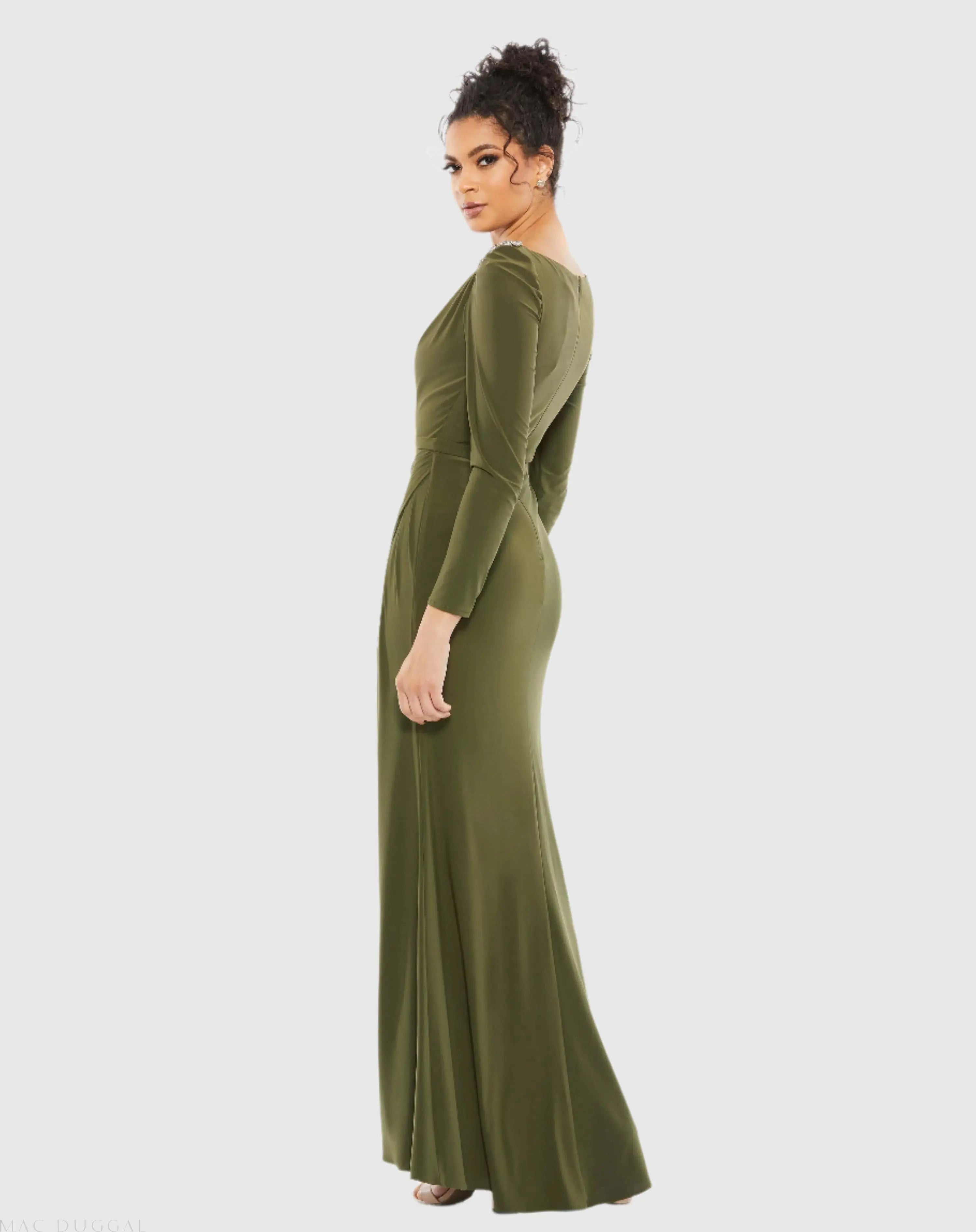 Green Draped Bateau Long Sleeve Trumpet Gown