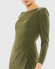 Green Draped Bateau Long Sleeve Trumpet Gown