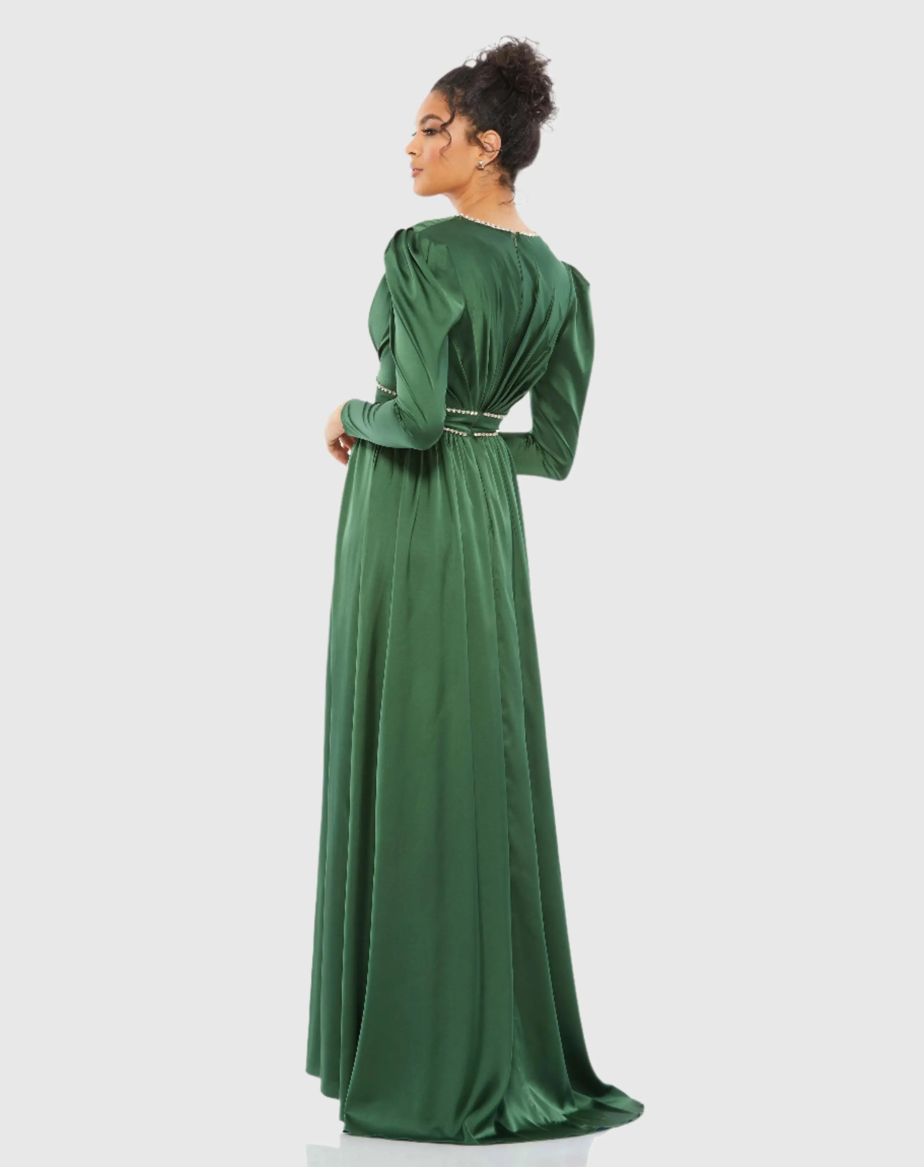 Green Rhinestone Trim Puff Sleeve Gathered Gown