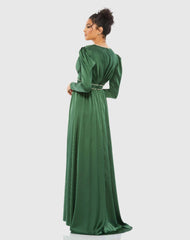 Green Rhinestone Trim Puff Sleeve Gathered Gown