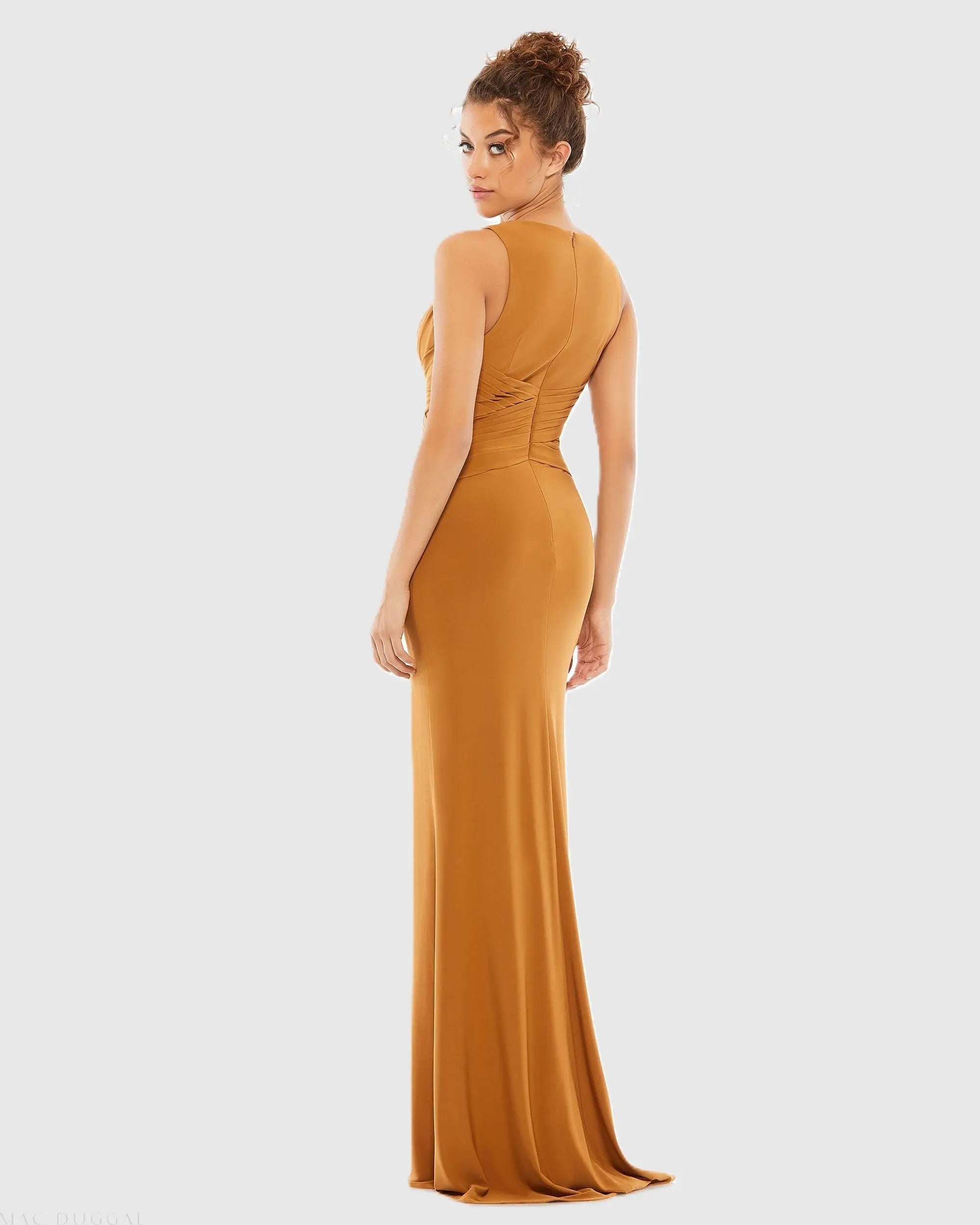 Brown Pleated Bodice Jersey Column Gown