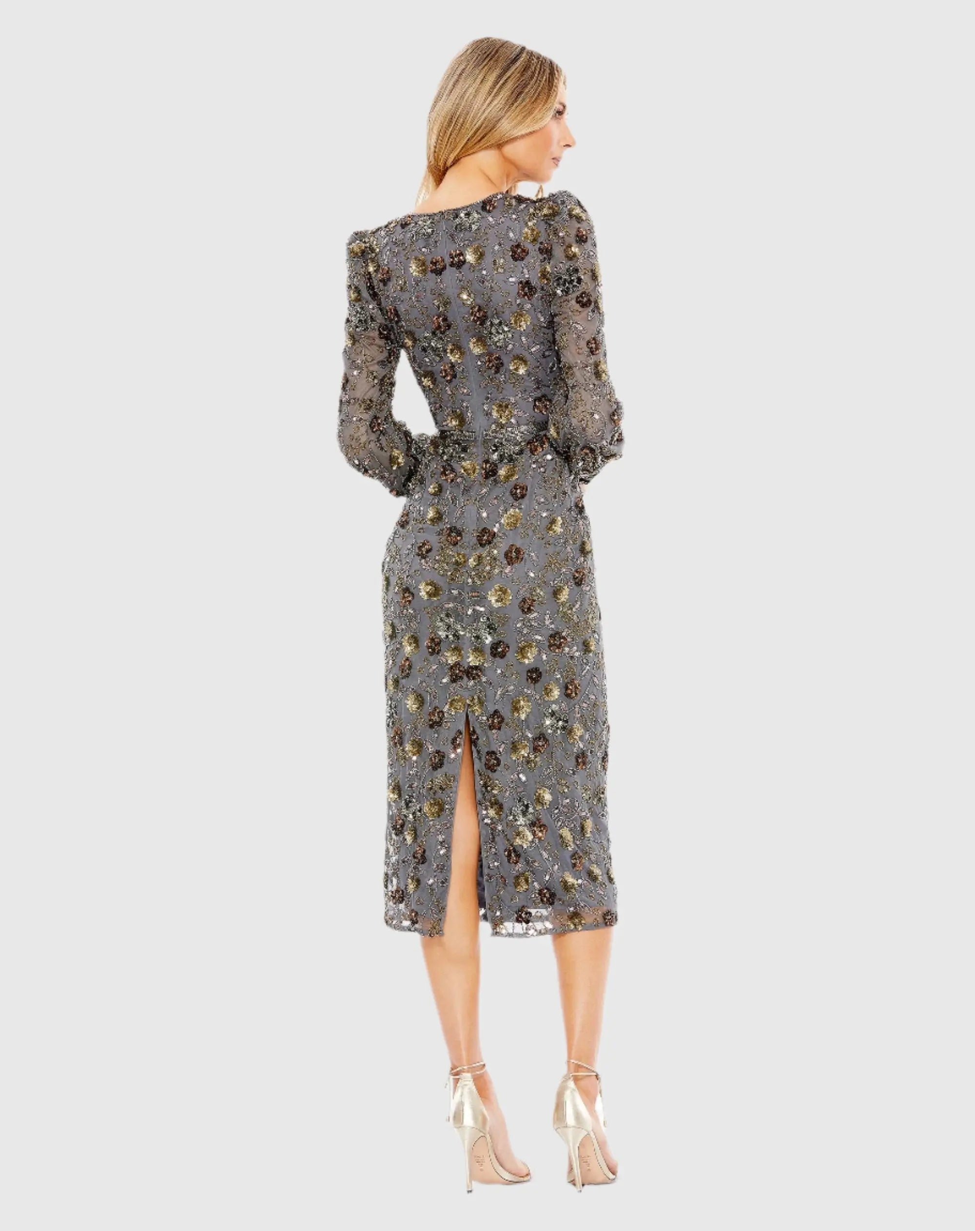 Gray Long Sleeve V Neck Midi Dress