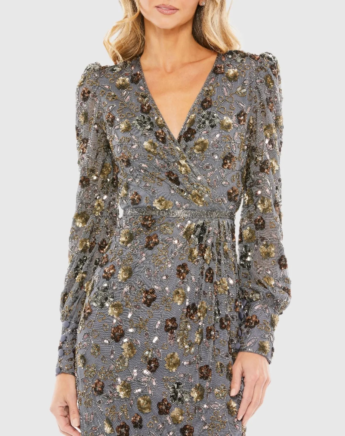 Gray Long Sleeve V Neck Midi Dress