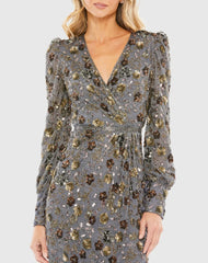 Gray Long Sleeve V Neck Midi Dress