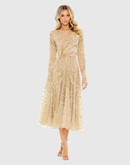 Beige Embellished Illusion High Neck Long Sleeve Dress