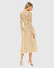 Beige Embellished Illusion High Neck Long Sleeve Dress