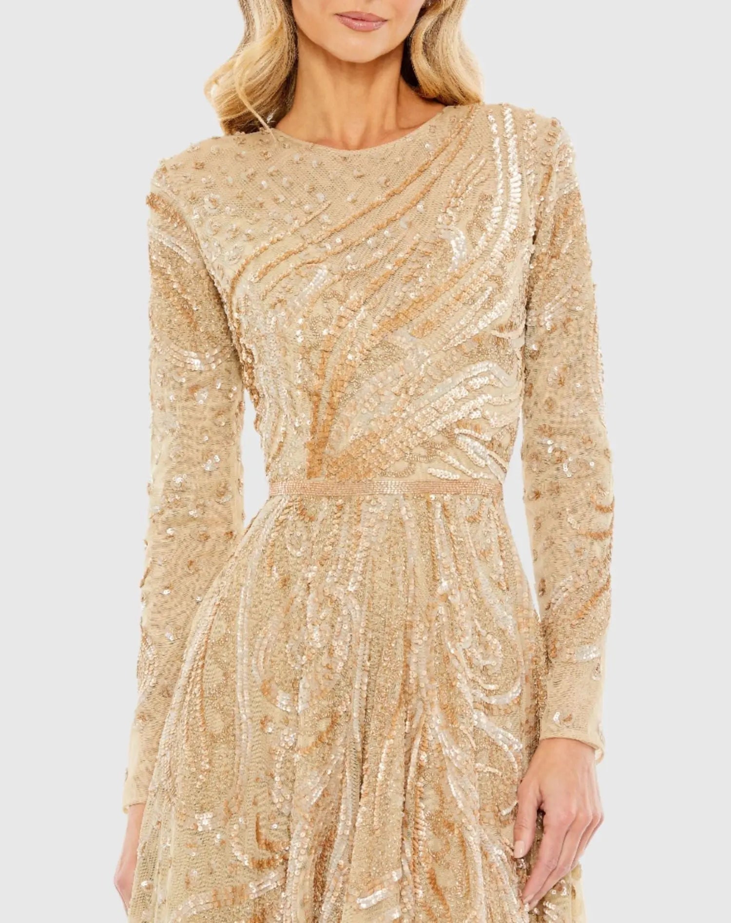 Beige Embellished Illusion High Neck Long Sleeve Dress