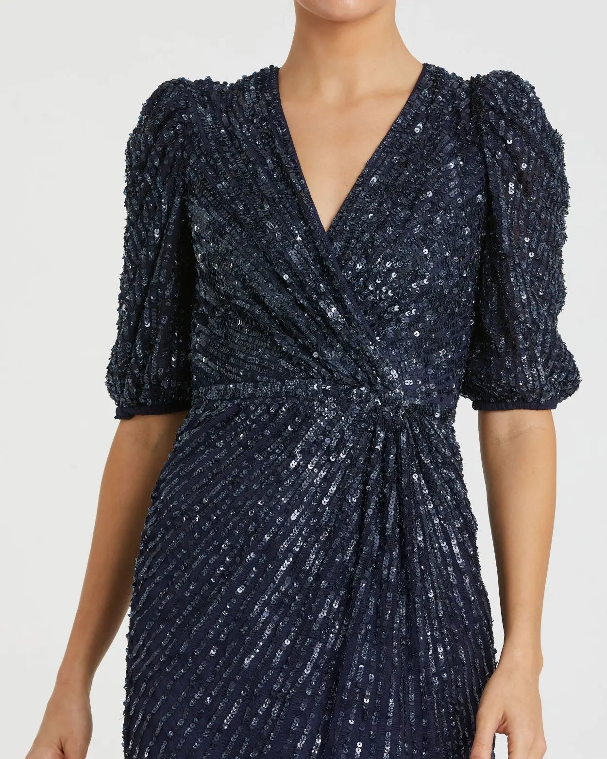 Navy Sequined V-Neck Short Puff Sleeve Midi Dress