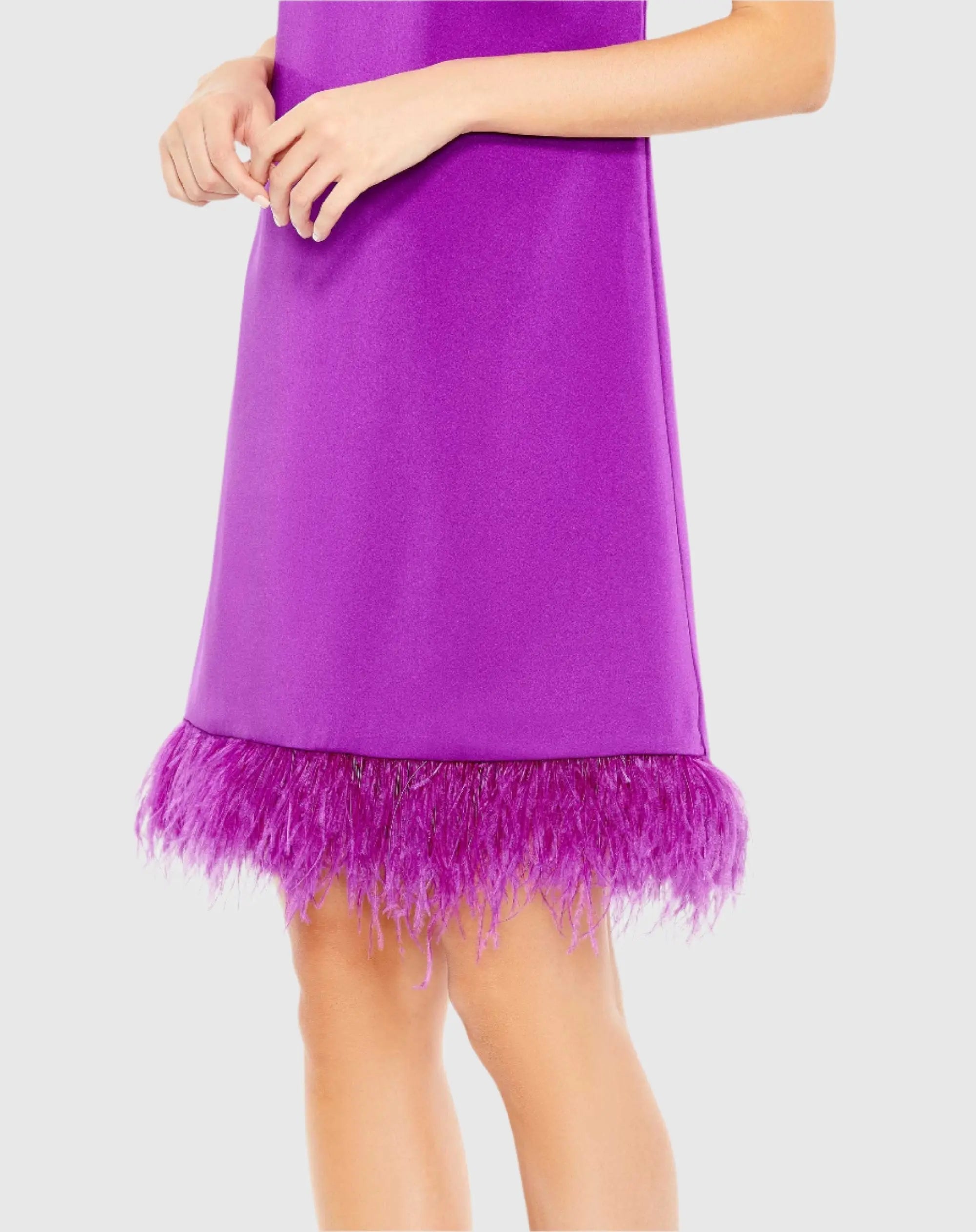 Purple Feathered Hem High Neck Sleeveless Trapeze Dress