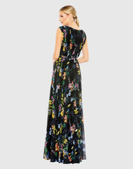 Black Multicolor Pleated Floral Cap Sleeve A Line Gown