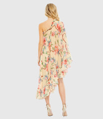 Beige Floral Print One Shoulder Cape Dress