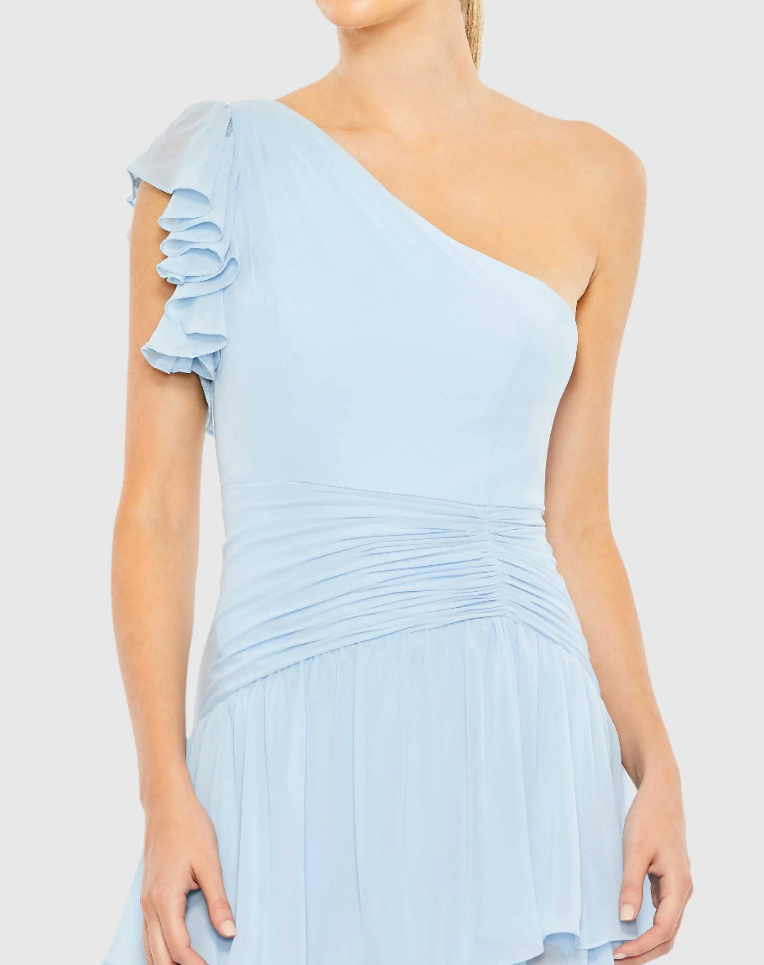 Blue Ruffle Tiered One Flutter Sleeve Gown