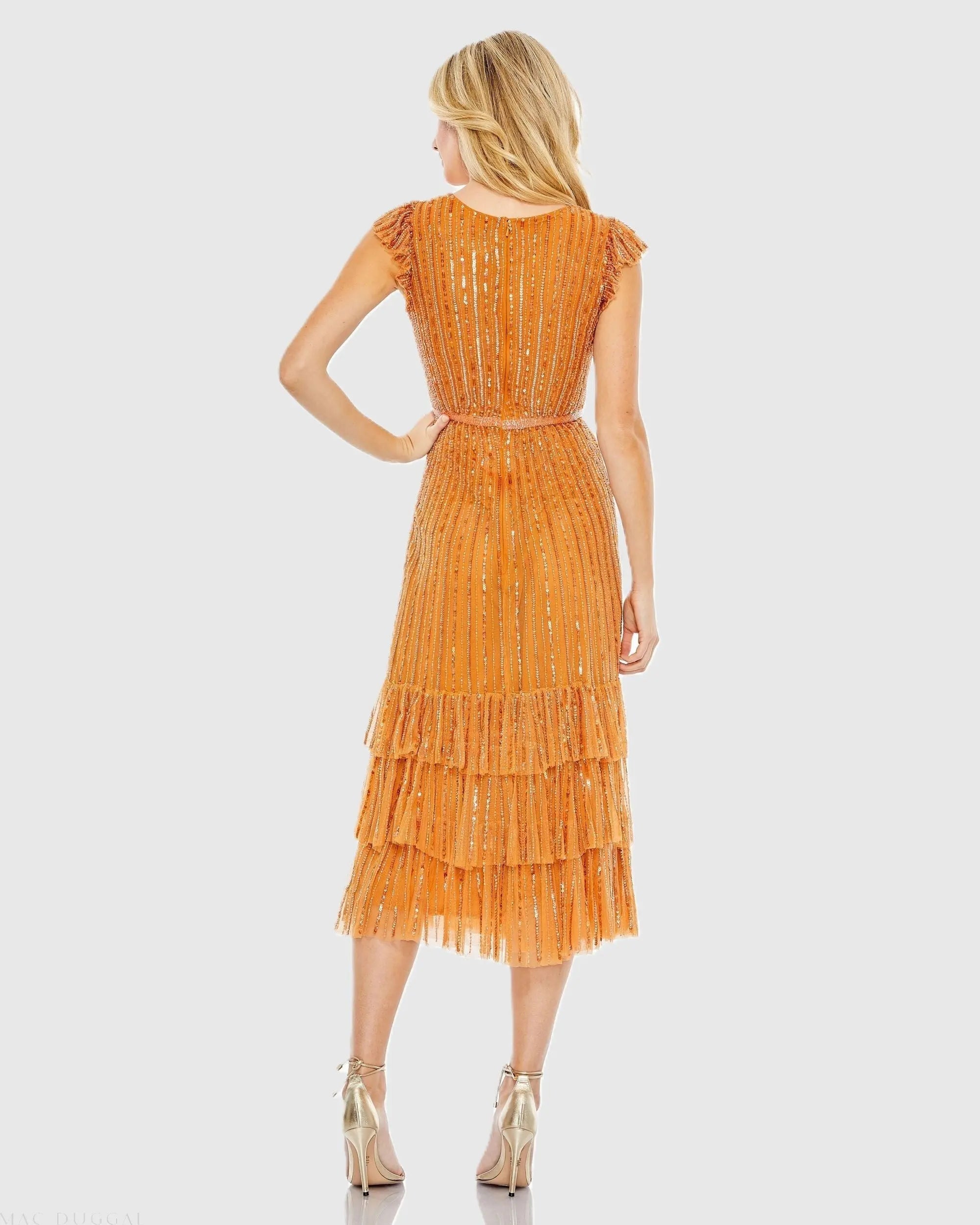 Orange Sequined Wrap Over Cap Sleeve Ruffle Hem Dress