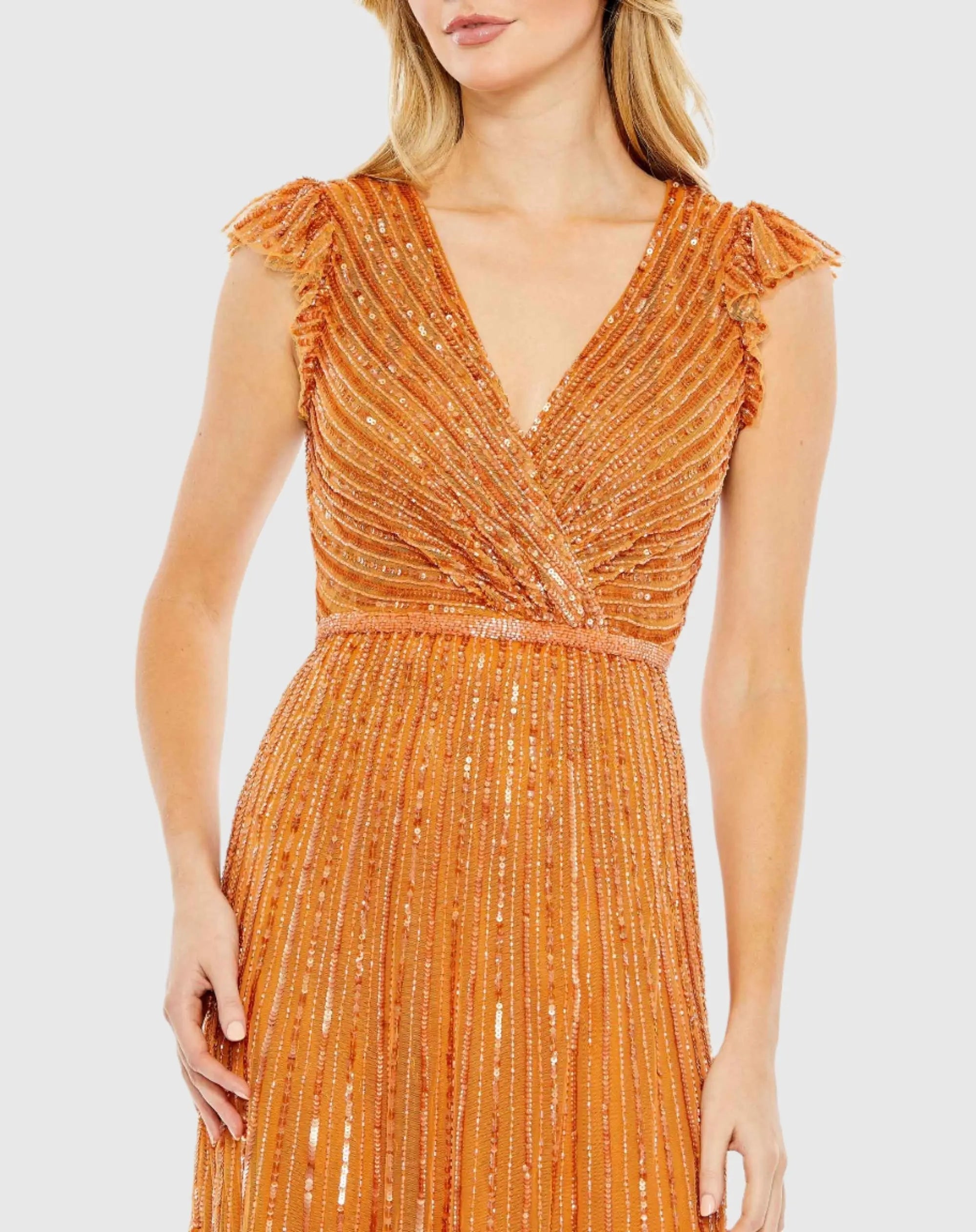 Orange Sequined Wrap Over Cap Sleeve Ruffle Hem Dress