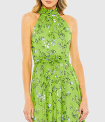 Green Floral Print High-Neck A-Line Midi Dress