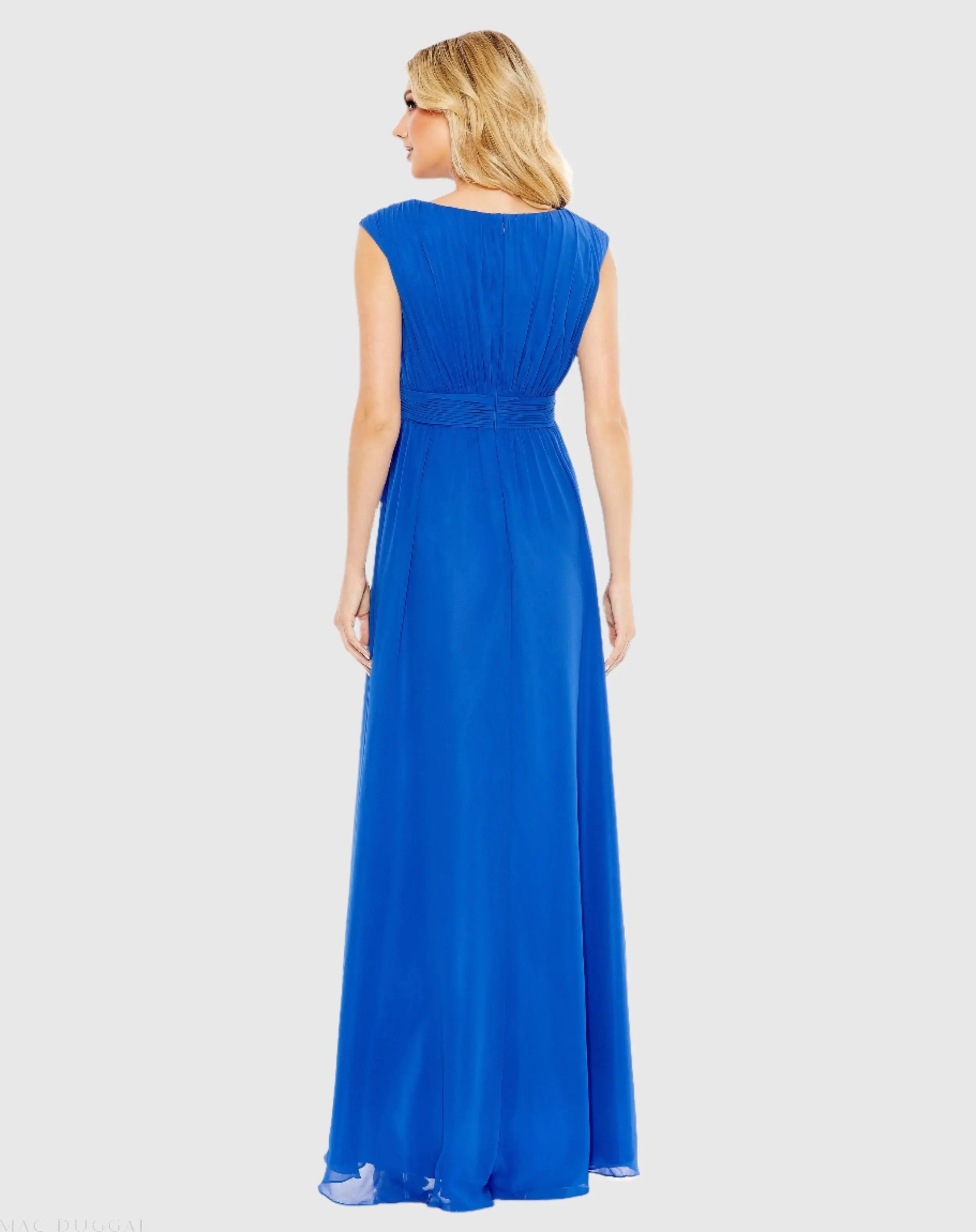 Blue Pleated Bateau Cap Sleeve A Line Gown