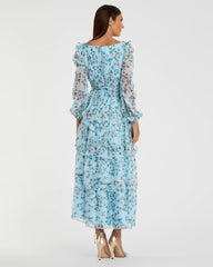 Blue Puff Sleeve Floral Printed Dress