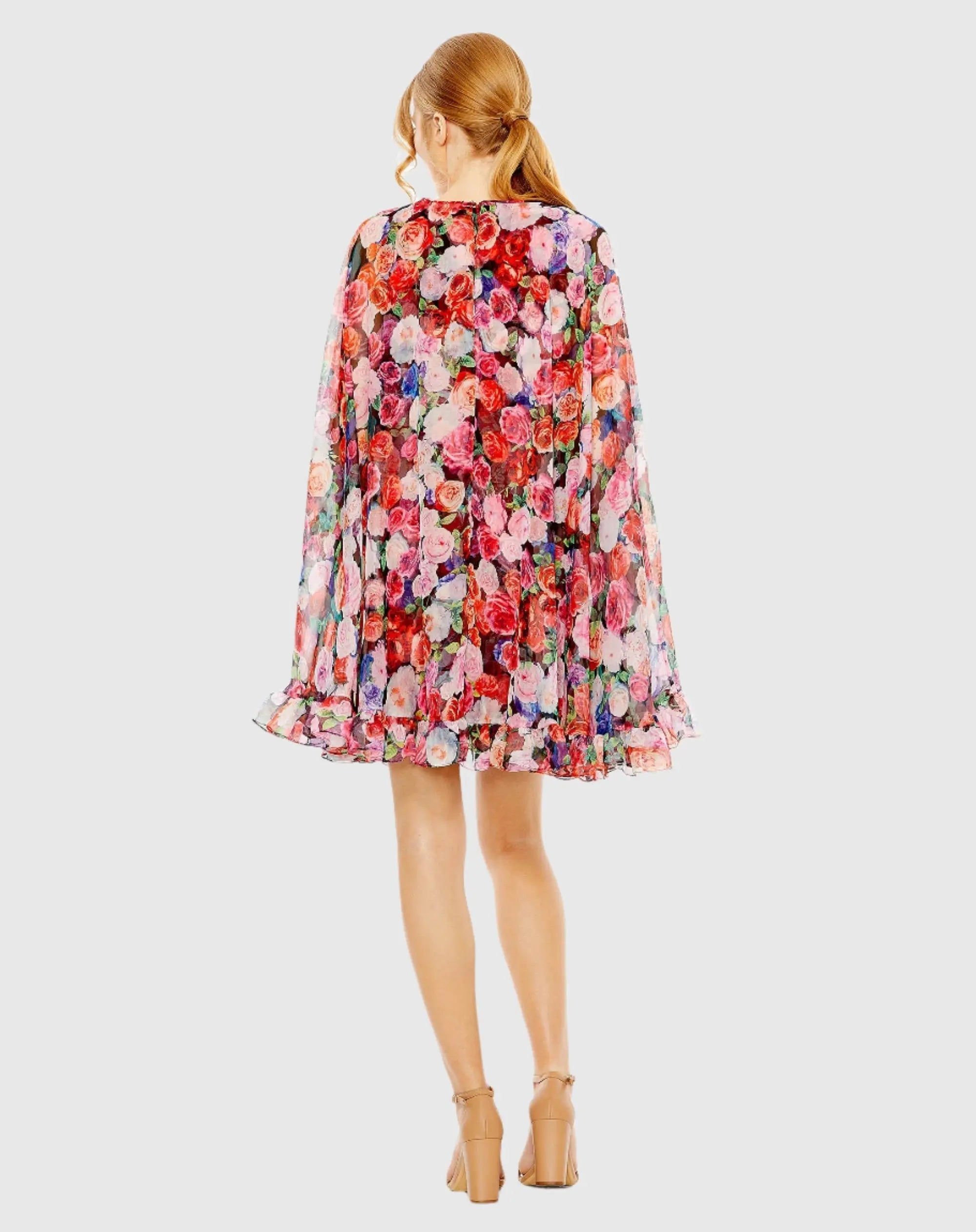 Multicolor Floral Printed Chiffon Cape Mini Dress