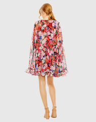 Multicolor Floral Printed Chiffon Cape Mini Dress
