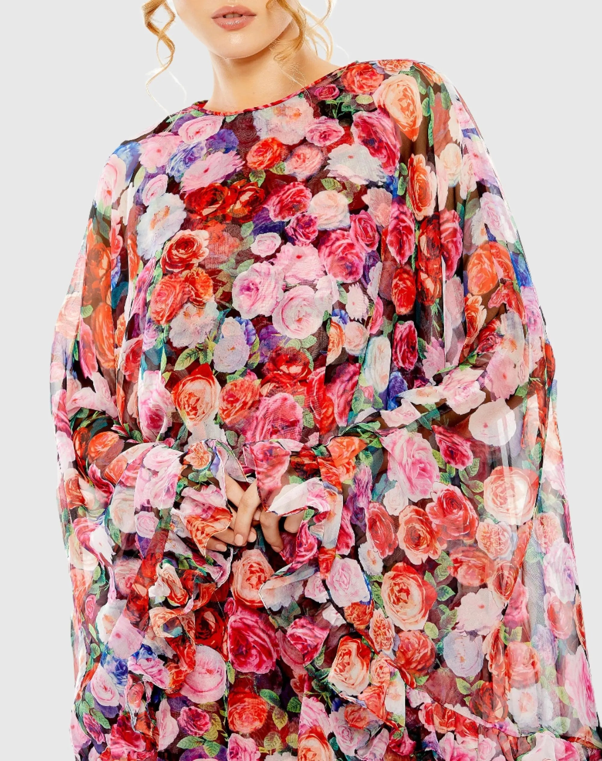 Multicolor Floral Printed Chiffon Cape Mini Dress