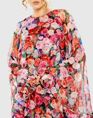 Multicolor Floral Printed Chiffon Cape Mini Dress