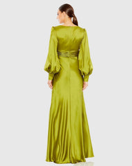 Green Charmeuse Bishop Sleeve V Neck Gown