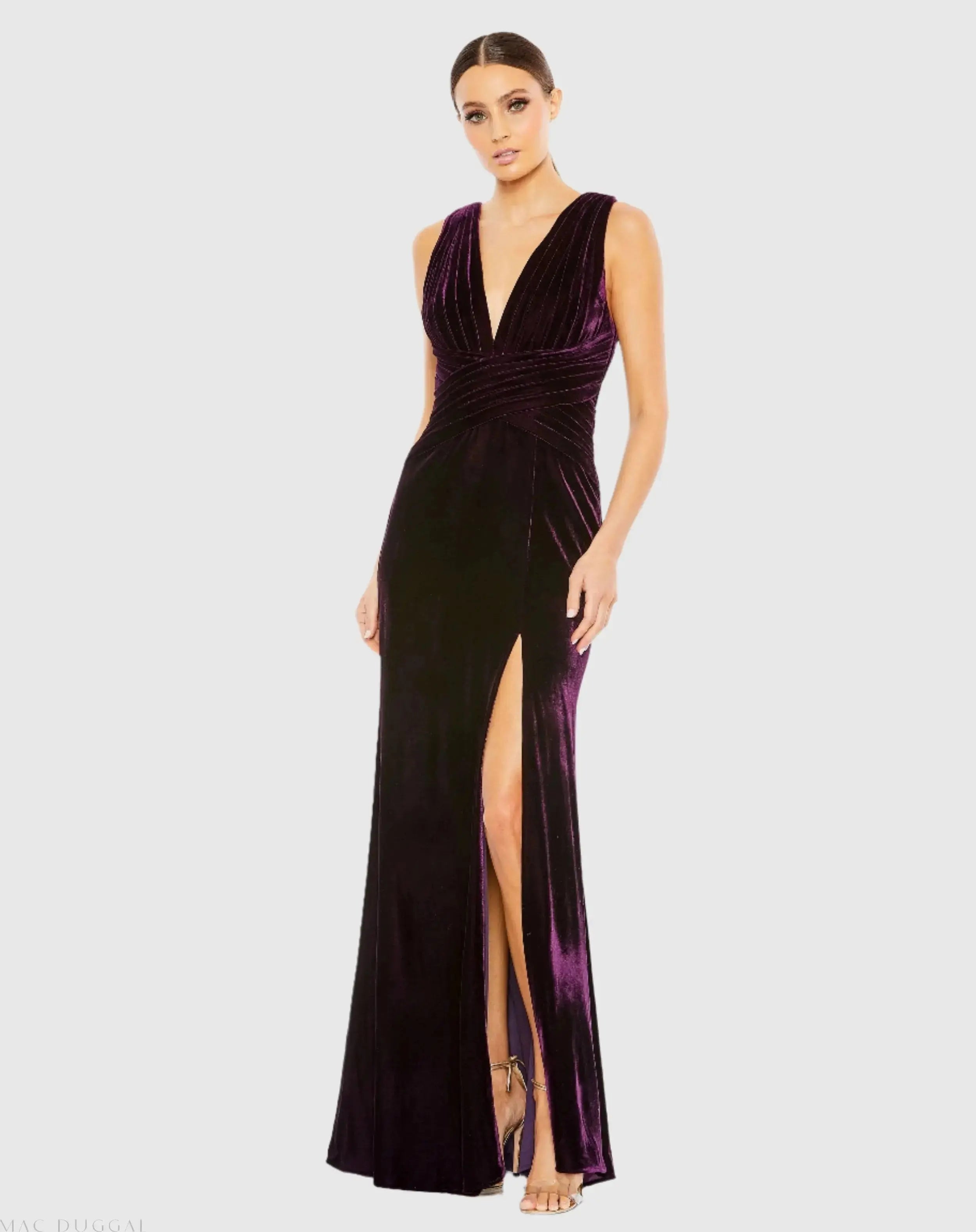 Velvet Pleated Sleeveless Plunge Neckline Gown