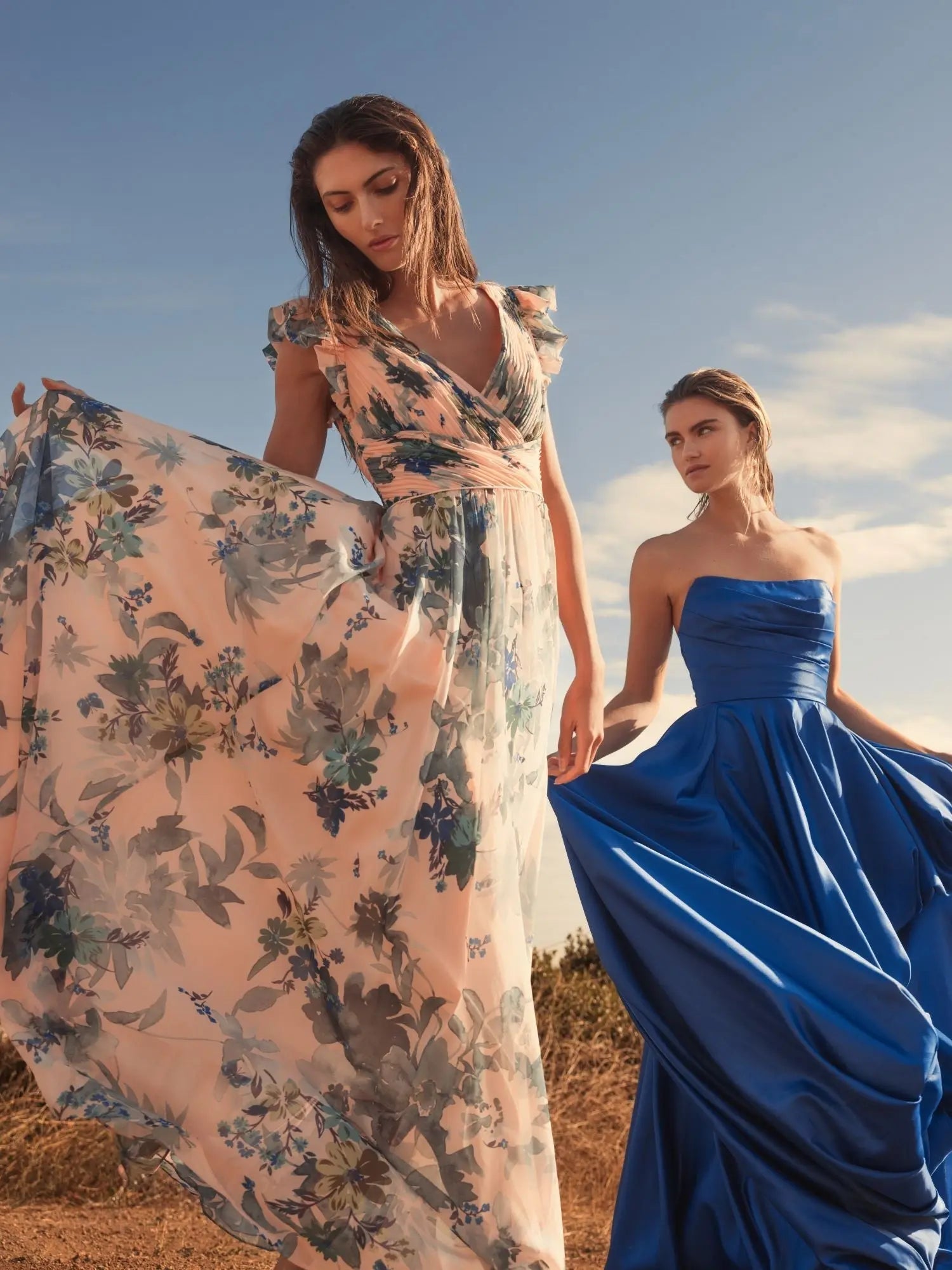 Blue Strapless Ruched High Low Gown