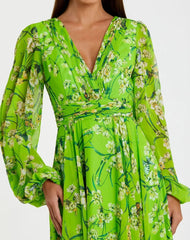 Green Puff Sleeve Floral Chiffon Gown
