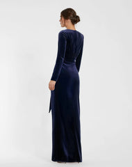 Dark Blue Ruched Velvet Column Evening Gown