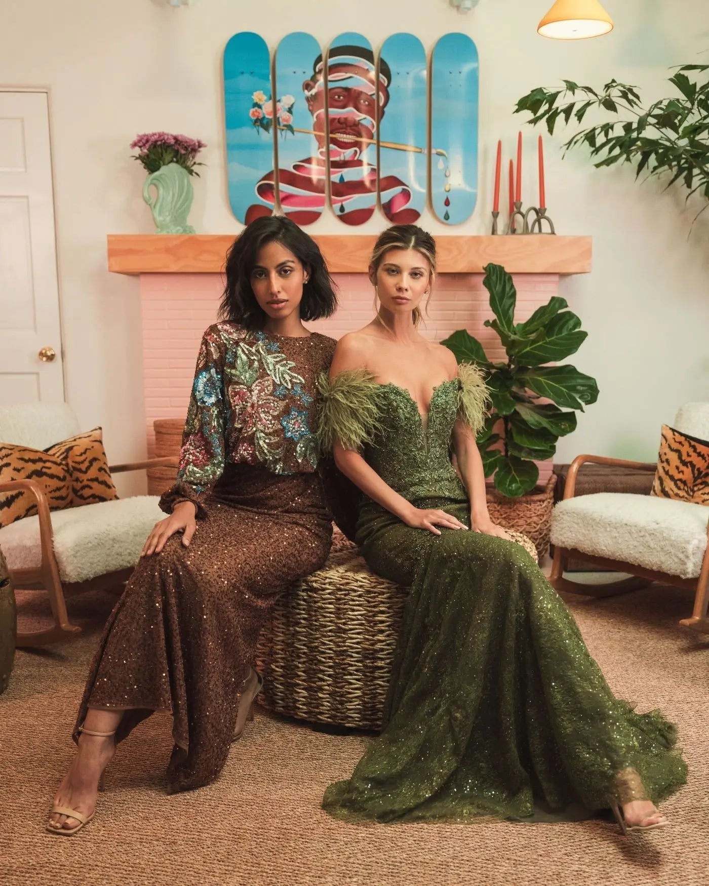 Brown High Neck Long Sleeve Sequin Gown