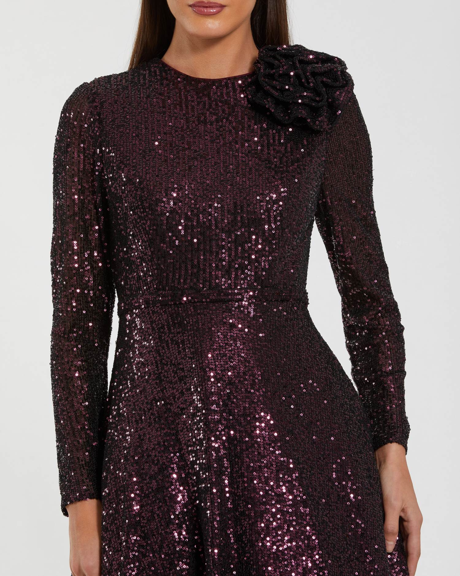 Dark Purple Long Sleeve Sequin Ball Gown With 3D Flower