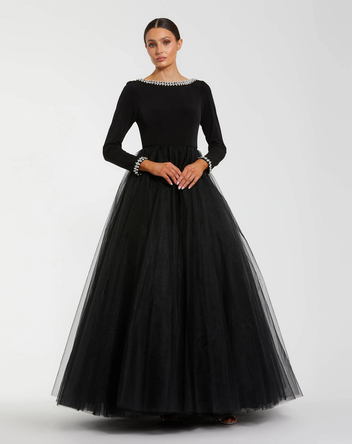 Black Embellished Jersey Long Sleeve Ball Gown With Tulle Skirt