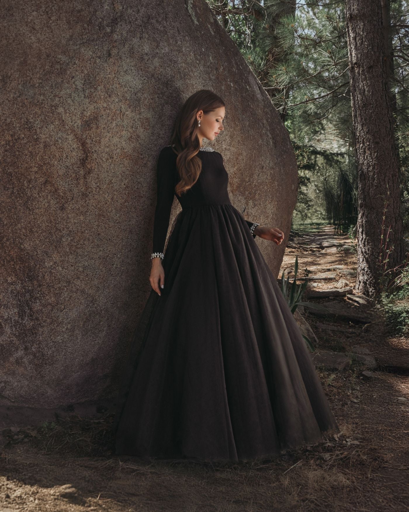 Black Embellished Jersey Long Sleeve Ball Gown With Tulle Skirt