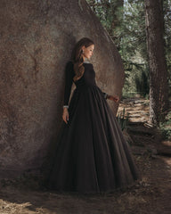Black Embellished Jersey Long Sleeve Ball Gown With Tulle Skirt