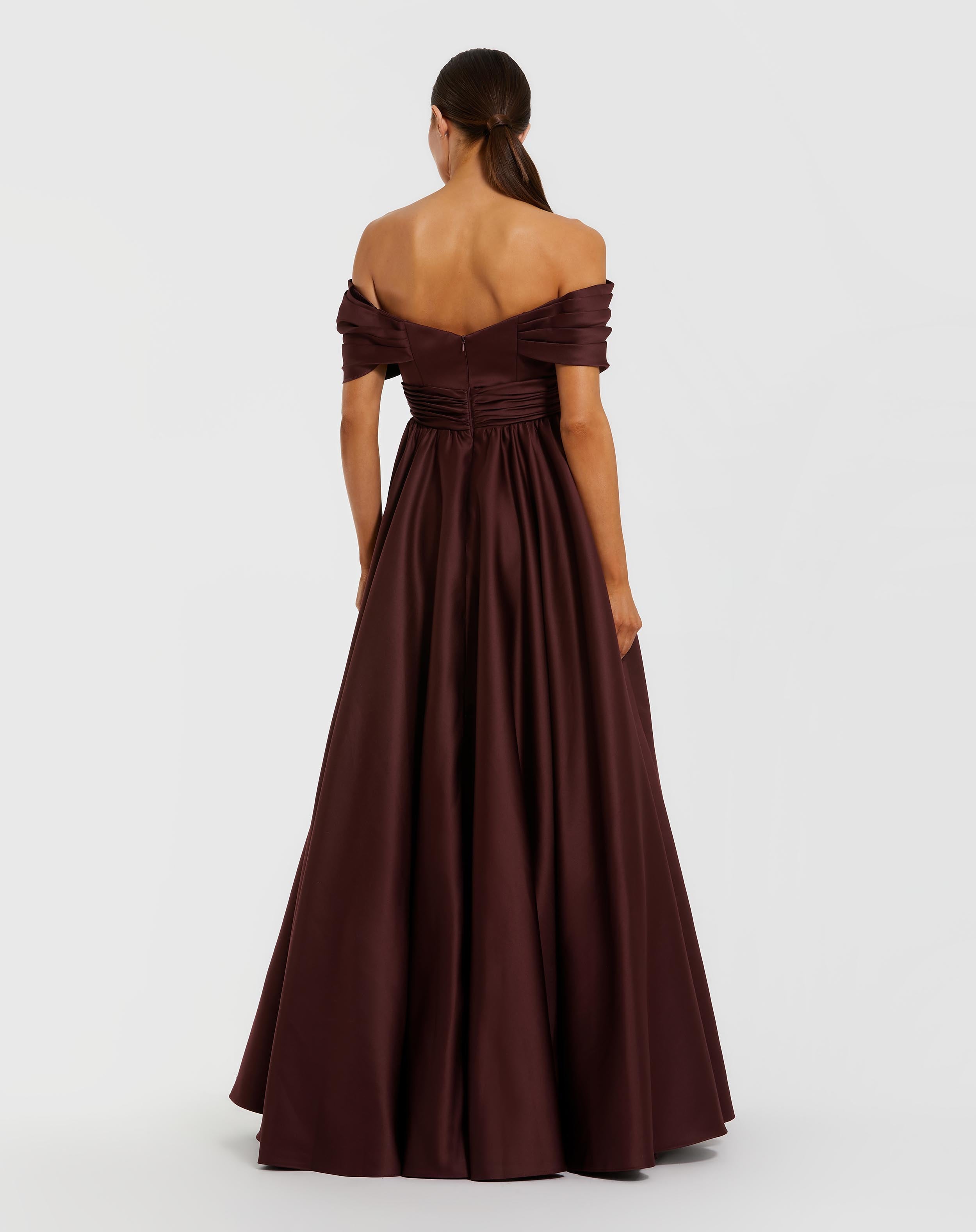 Burgundy Satin Off The Shoulder Twist Evening Ball Gown