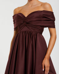 Burgundy Satin Off The Shoulder Twist Evening Ball Gown