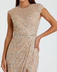 Beige Embellished Illusion High Neck Cap Sleeve Gown