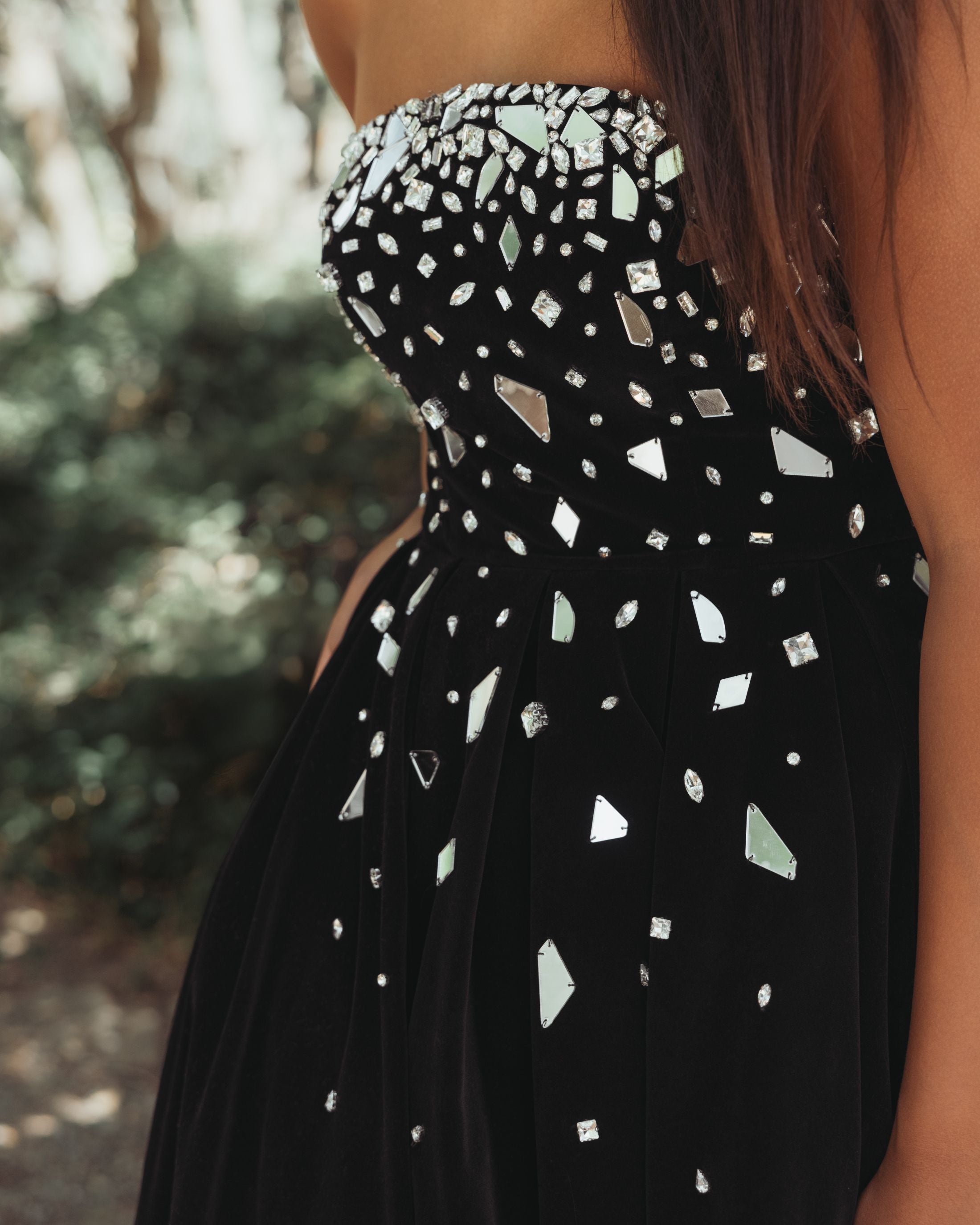 Black Velvet Strapless A-Line Midi Dress with Embellishments